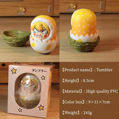 Demon Slayer Eggshell Tumbler Figure, Q Version Tanjiro Nezuko Zenitsu Inosuke Roly-poly Toy, Anime Character Mini Figurine with Nest Base, Desktop Decor Collectible Statue, Demon Slayer Fan Gift