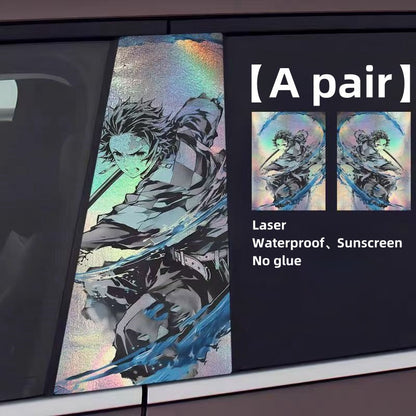 Demon Slayer Anime Car Window Pillar Decals, Laser Holographic Anime Character Car B Column Stickers, Waterproof PET Car Center Pillar Decor Stickers, 1 Pair Anime Car Accessories for Demon Slayer Fans