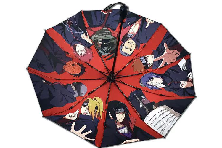 Naruto Anime Folding Umbrella, Akatsuki Red Cloud Pattern Windproof Rain Sun Umbrella, Anti-UV Portable Foldable Parasol, Cosplay Merch Gift for Naruto Fans
