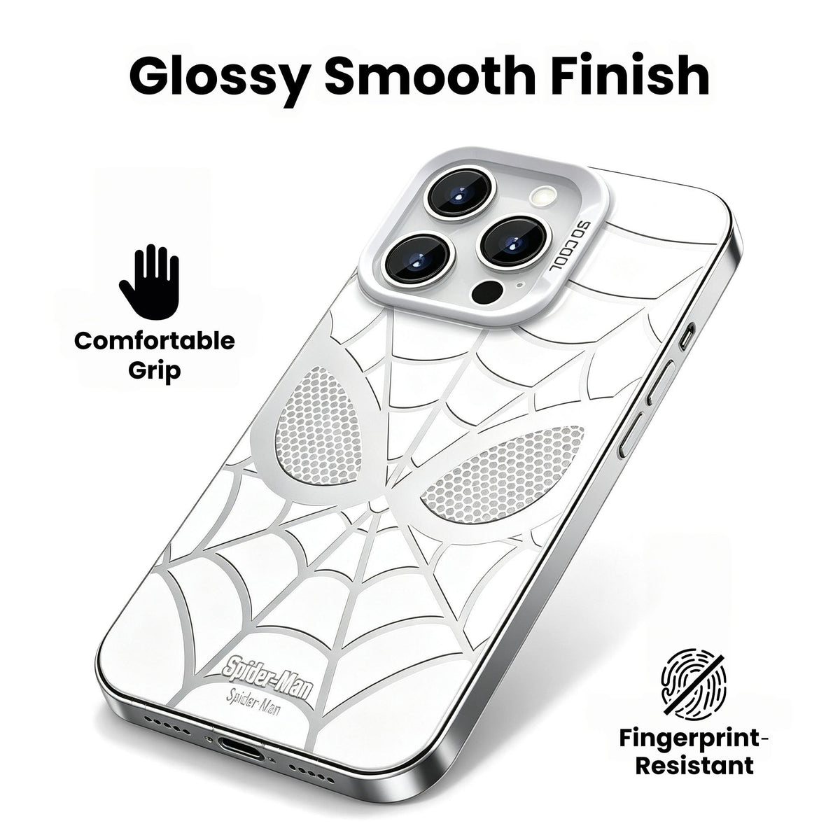 Marvel Spider‑Man Creative iPhone Phone Case, Glossy Smooth Fingerprint‑Resistant Cover with Camera Bezel Protection, Comfortable Grip Precise Fit Phone Shell, Black & White 2 Colors Available