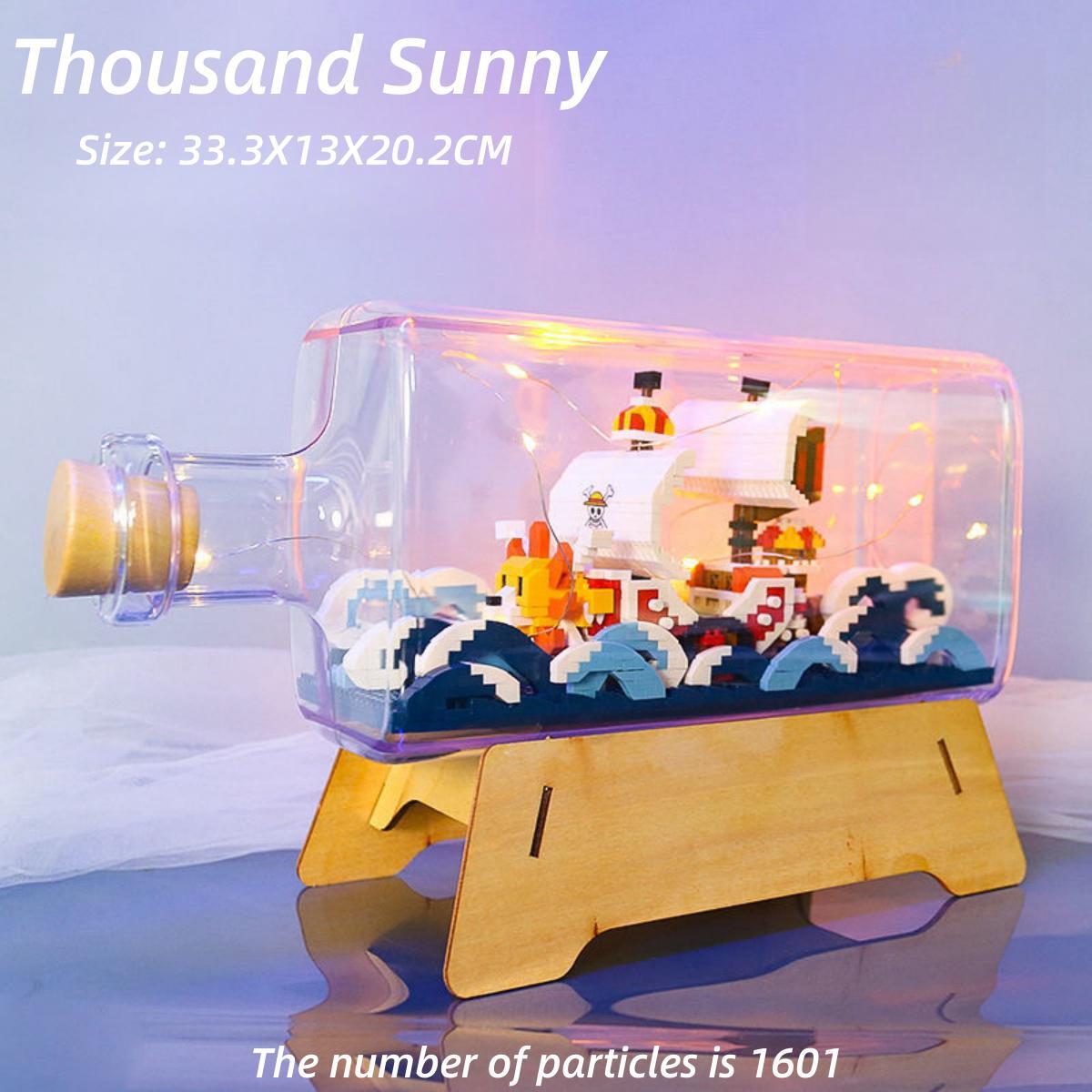 One Piece Thousand Sunny Ship in Bottle Micro Building Blocks Set, LED Light Mini Bricks Model with Display Bottle & Wood Stand, DIY Assembly Toy, Desktop Decor, Collectible Gift for Anime Fans