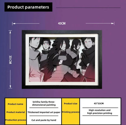 Naruto Uchiha Family 3D Layered Paper Cut Art Frame, Uchiha Clan Group Portrait Paper Carving Shadow Box, Handmade Stratified Anime Wall Painting, Framed Wall Hanging Decor, Collectible Art Gift for Naruto Fans