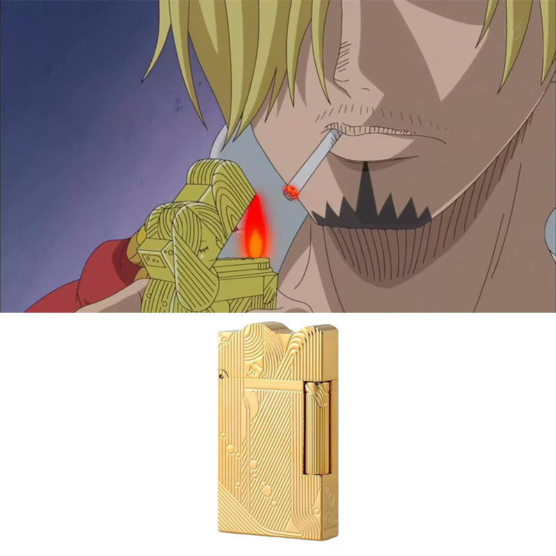 One Piece Sanji Lighter, Golden Sea Wave Engraved Lighter, Classic Ping Sound Gas Lighter, Collectible Decor Lighter, Unique Gift for One Piece Sanji Fans