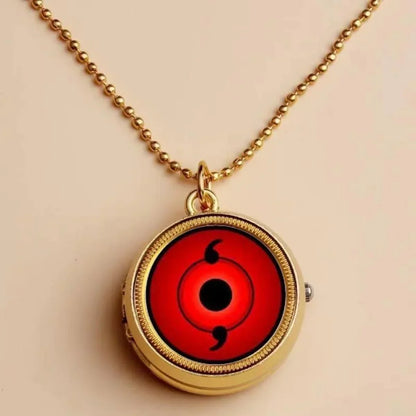 Naruto Sharingan Rotatable Pocket Watch Necklace, Anime Uchiha Clan Rotating Pendant Pocket Watch, Vintage Cosplay Jewelry Accessory, Collectible Gift for Naruto Anime Fans