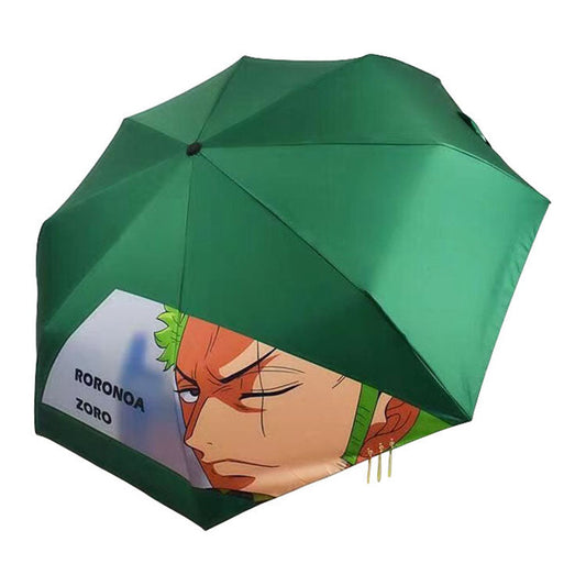 One Piece Roronoa Zoro Anime Folding Umbrella, Green Zoro Character Print Portable Travel Sun Rain Umbrella, Anime One Piece Merch Parasol Gift for One Piece Fans
