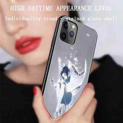 Demon Slayer LED Light Up Phone Case, Anime Tanjiro Shinobu Luminous Tempered Glass Back Cover, Flash Light Glowing Case for iPhone, Shockproof Protective Anime Phone Shell