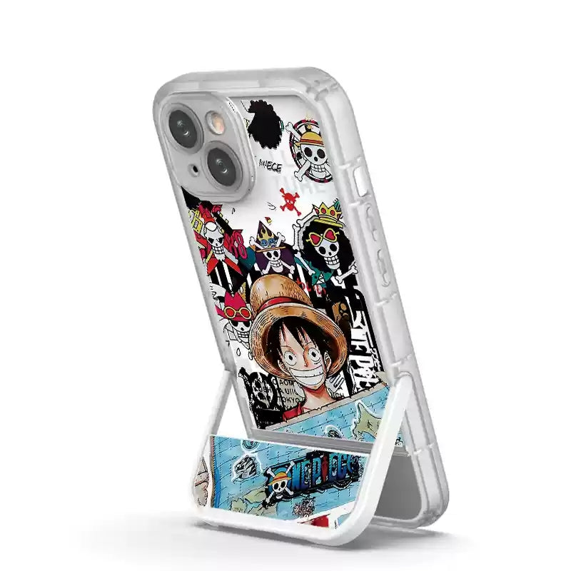 One Piece Luffy Anime Magnetic Phone Case with Built-in Foldable Kickstand, MagSafe Compatible Shockproof Protective Cover, Transparent Cartoon Luffy Print Phone Case, Anime Merch Gift for iPhone