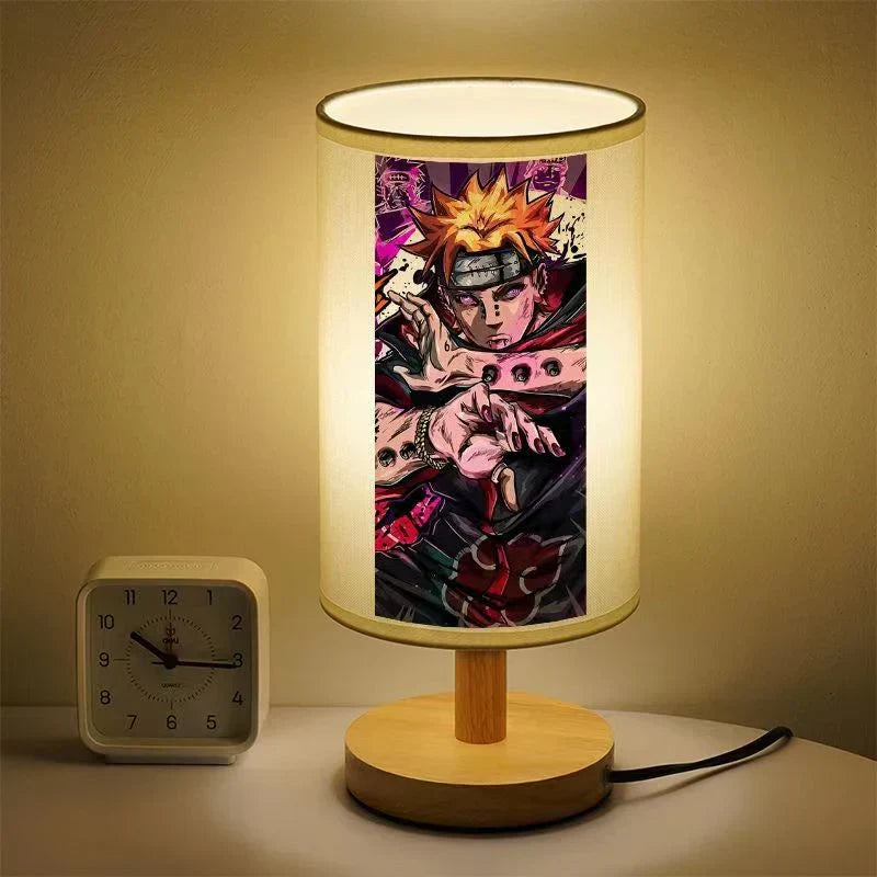 Naruto Anime Table Lamp, Cylindrical Fabric Lampshade Night Light with Solid Wood Base, Anime Character Print Desk Lamp, Bedroom Bedside Decor Lamp, Collectible Gift for Naruto Anime Fans