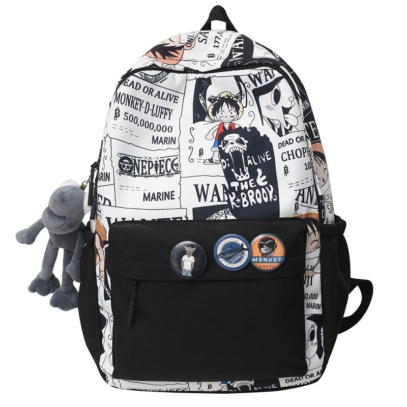 One Piece Anime Newspaper Print Backpack, Luffy Comic Collage School Bag with Plush Pendant, Large Capacity Casual Daypack, Multiple Pockets Lightweight Laptop Backpack for Teens Students Outdoor Travel