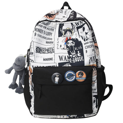 One Piece Anime Newspaper Print Backpack, Luffy Comic Collage School Bag with Plush Pendant, Large Capacity Casual Daypack, Multiple Pockets Lightweight Laptop Backpack for Teens Students Outdoor Travel
