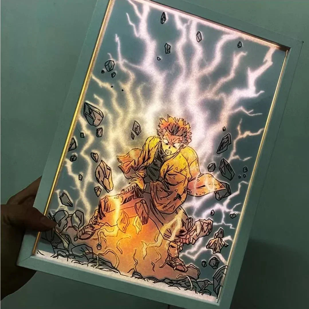 Demon Slayer Zenitsu Agatsuma Light Up Painting Frame, Anime LED Light Picture Frame, USB Powered Backlit Art Decor, Line Drawing Glowing Night Light Wall Table Decor, Demon Slayer Fan Collectible Gift