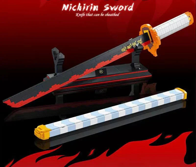 Demon Slayer Nichirin Sword Building Block Set, Rengoku Kyojuro Katana Model with Stand, Anime Samurai Blade Bricks Kit, DIY Assembly Collectible Display Toy Gift for Demon Slayer Fans