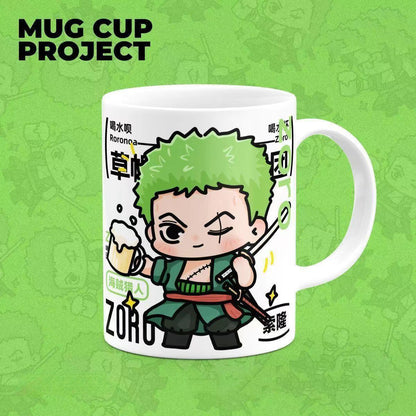 One Piece Anime Ceramic Mug, Q Chibi Version Luffy Zoro Sanji Ace Law Coffee Tea Cup, 11oz Color Inside Mug, Microwave Safe, Anime Fan Home Office Drinkware Birthday Gift