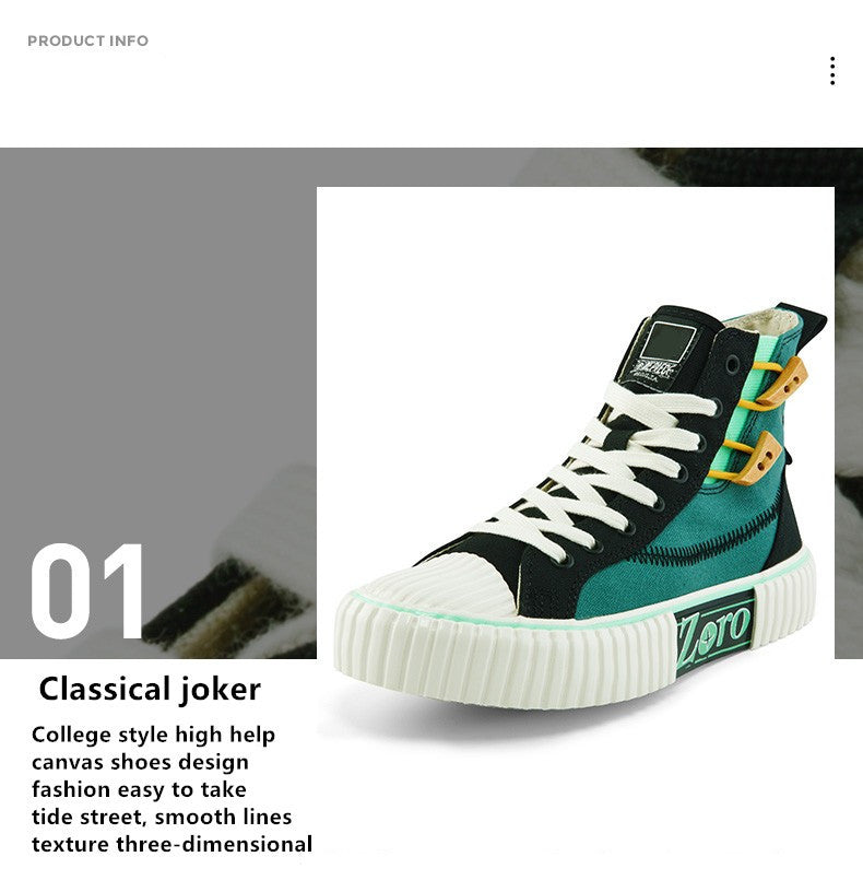 One Piece Zoro High Top Canvas Sneakers, Unisex Lace-Up Thick Ribbed Cookie Sole Skate Shoes, Green Black Anime Casual Footwear, One Piece Anime Streetwear Sneakers, Anime Fan Collectible Gift
