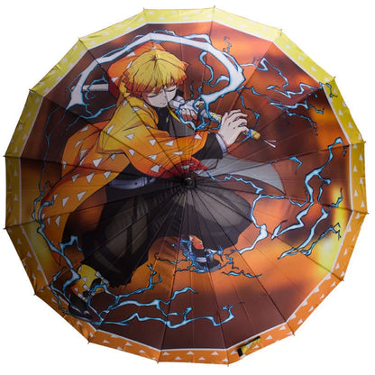 Demon Slayer Anime Katana Sword Umbrella, Nichirin Sword Shape Long Handle Umbrella, Tanjiro Zenitsu Rengoku Printed Sun Rain Stick Umbrella with Shoulder Strap, Demon Slayer Cosplay Merch Gift for Anime Fans