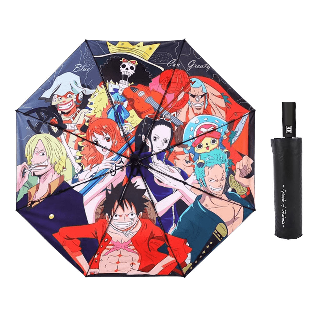 One Piece Anime Folding Umbrella, Luffy Zoro Ace Straw Hat Crew Printed Compact Rain Sun Umbrella, Portable Auto Open Close Parasol, Anime Merch Gift for One Piece Fans