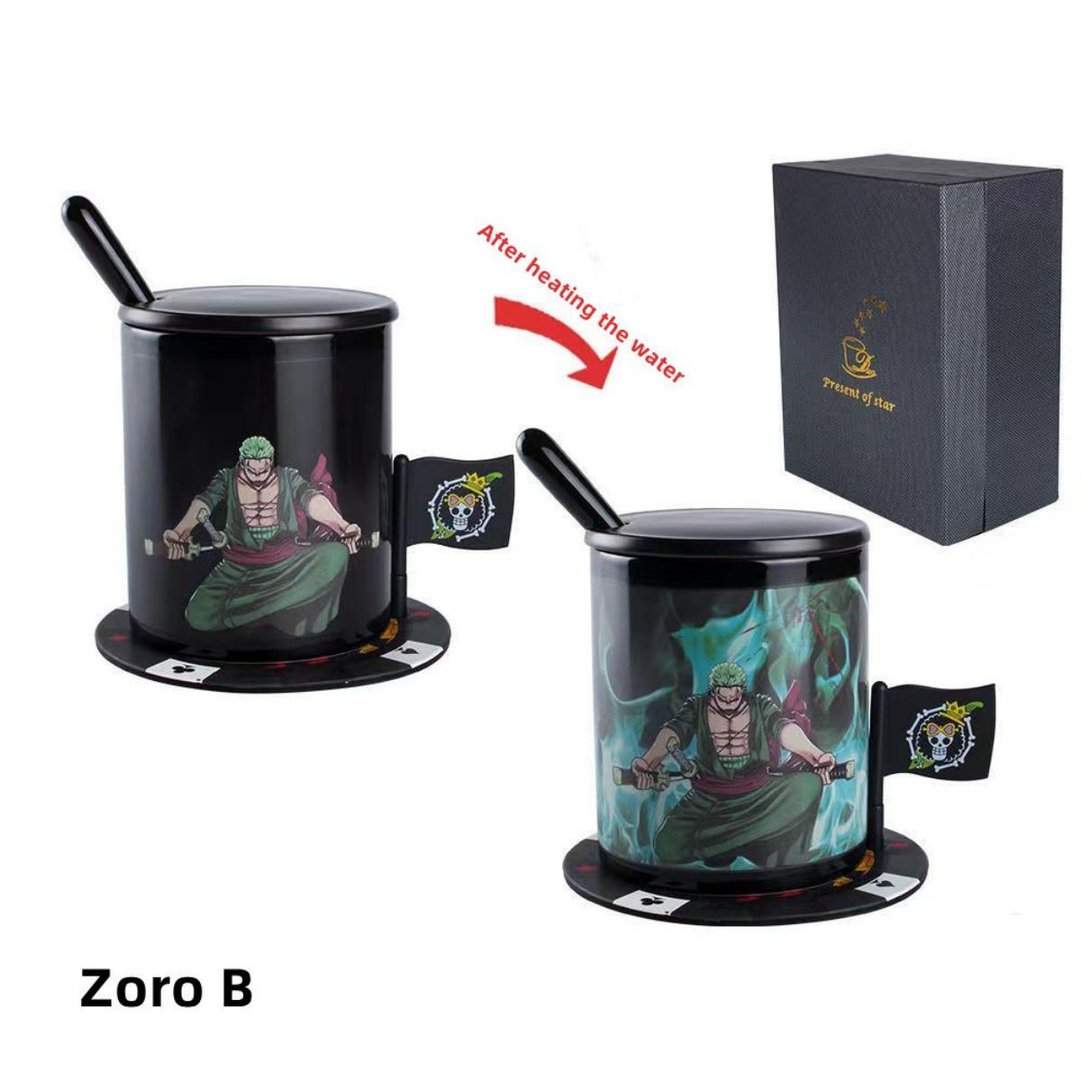 One Piece Heat Changing Magic Mug Set with Lid Spoon Coaster, Anime Luffy Zoro Ace Chopper Law Newgate Heat Sensitive Ceramic Coffee Cup, 11oz Color Changing Tea Mug, Hot Water Activated Cup, One Piece Fan Gift Box