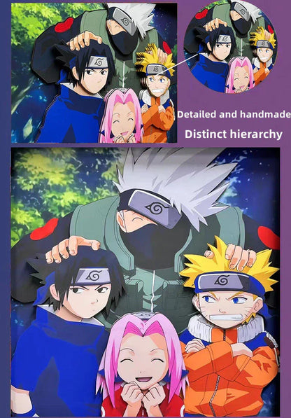 Naruto Team 7 Kakashi 3D Paper Cut Shadow Box Framed Art, Handmade Layered Papercraft Wall Decor, Anime Picture Frame, Fan Collectible Room Decor Gift