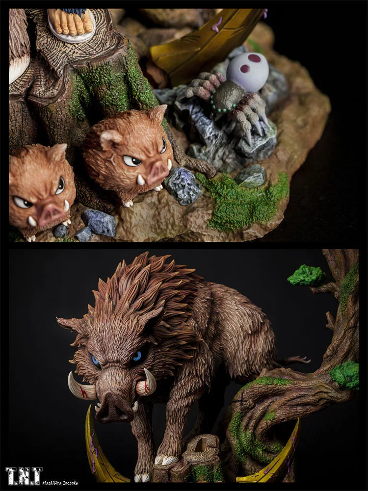 Demon Slayer Inosuke Hashibira Figure, Boar Head Inosuke Resin GK Statue, Anime Hashibira Inosuke with Giant Wild Boar Diorama Figurine, Collectible Desktop Ornament Model Gift for Demon Slayer Fans