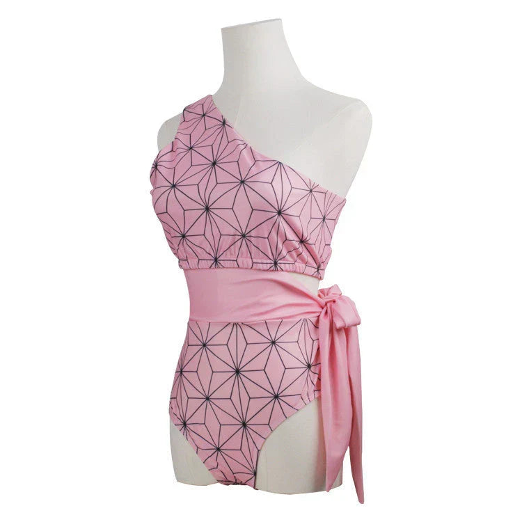 Demon Slayer Nezuko Kamado One Piece Swimsuit, Anime Cosplay One Shoulder Bathing Suit, Pink Geometric Pattern Belted Swimwear for Women, Summer Beach Swimming Costume