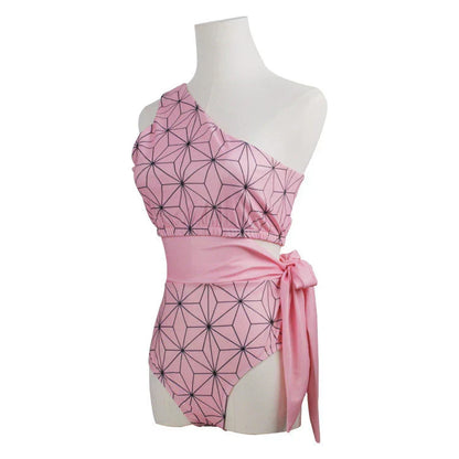 Demon Slayer Nezuko Kamado One Piece Swimsuit, Anime Cosplay One Shoulder Bathing Suit, Pink Geometric Pattern Belted Swimwear for Women, Summer Beach Swimming Costume