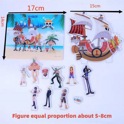 One Piece Straw Hat Pirates Acrylic Standee Scene Set, Luffy Zoro Nami Sanji Chopper Crew & Thousand Sunny Ship Acrylic Figure Stand, HD Printed Tabletop Display Ornament, Anime Fan Collectible Birthday Gift