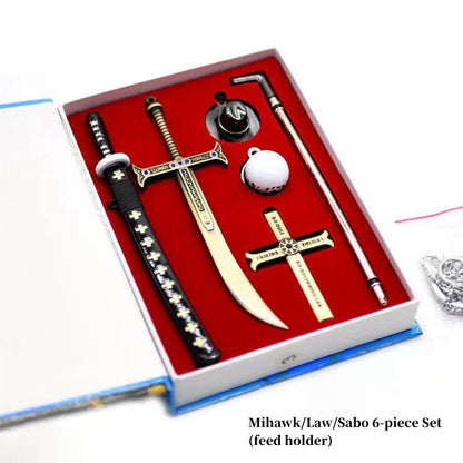 One Piece Anime Metal Weapon Model Gift Box Set, Mini Katana Sword, Skull Brooch, Ring & Pendant Collection Kit, One Piece Cosplay Accessory Desktop Ornament, Collectible Gift for One Piece Fans