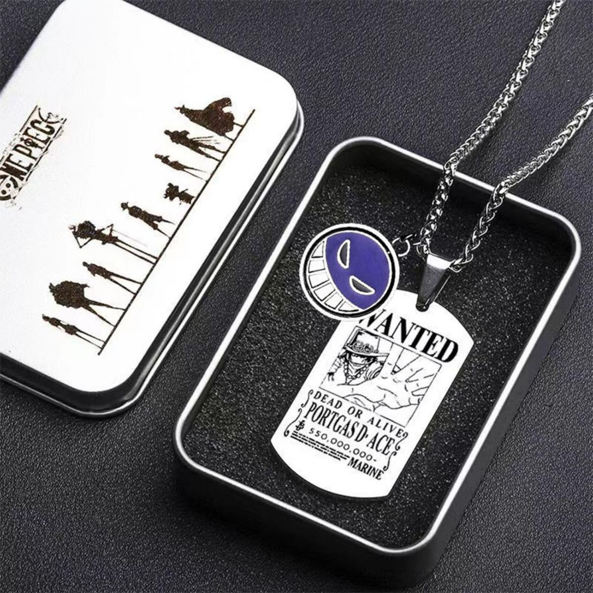 One Piece Portgas D. Ace Rotatable Pendant Necklace, Stainless Steel Dog Tag Wanted Poster Necklace Anime Jewelry Gift For Collection Fans