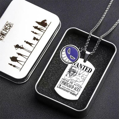 One Piece Portgas D. Ace Rotatable Pendant Necklace, Stainless Steel Dog Tag Wanted Poster Necklace Anime Jewelry Gift For Collection Fans