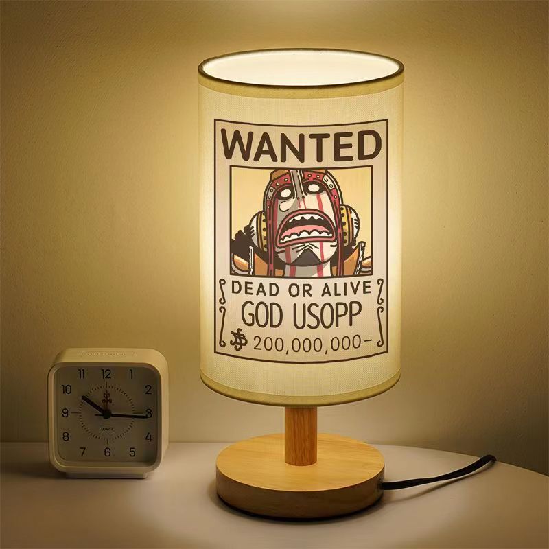 One Piece Wanted Poster Table Lamp, Anime Straw Hat Crew Wanted Print Night Light, Wooden Base Bedside Desk Lamp, Soft Warm Light Decor Lamp, Collectible Gift for One Piece Fans
