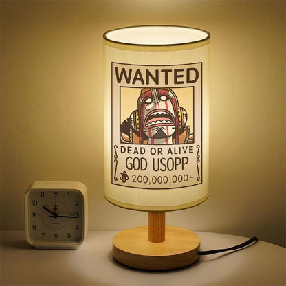 One Piece Wanted Poster Table Lamp, Anime Straw Hat Crew Wanted Print Night Light, Wooden Base Bedside Desk Lamp, Soft Warm Light Decor Lamp, Collectible Gift for One Piece Fans
