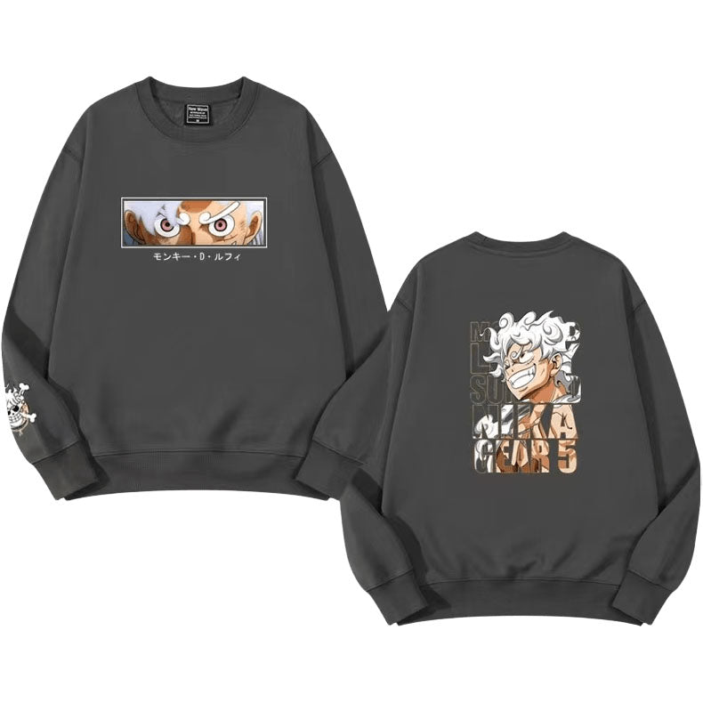 One Piece Luffy Nika Anime Crewneck Sweatshirt, Long Sleeve Pullover Sweater, Multi Color Casual Streetwear, Loose Fit Anime Print Sweatshirt, Gift for One Piece Fans