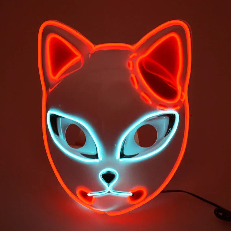 Demon Slayer Anime Cosplay Mask, Inosuke Boar Mask & LED Glowing Cat Fox Mask, Kimetsu no Yaiba Halloween Party Costume Prop, Light Up Anime Mask for Cosplay, Halloween Carnival Dress Up Gift