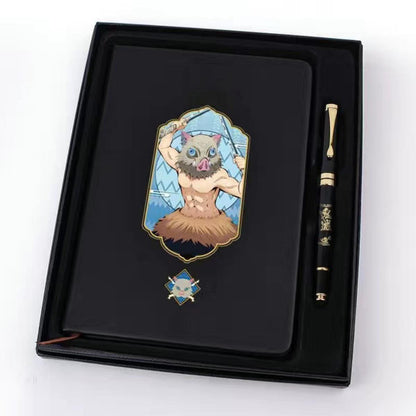 Demon Slayer Anime Notebook & Pen Gift Set, Tanjiro Nezuko Zenitsu Inosuke Character Journal with Metal Badge, Hardcover Writing Notebook Stationery Set, Anime Collectible Gift for Demon Slayer Fans