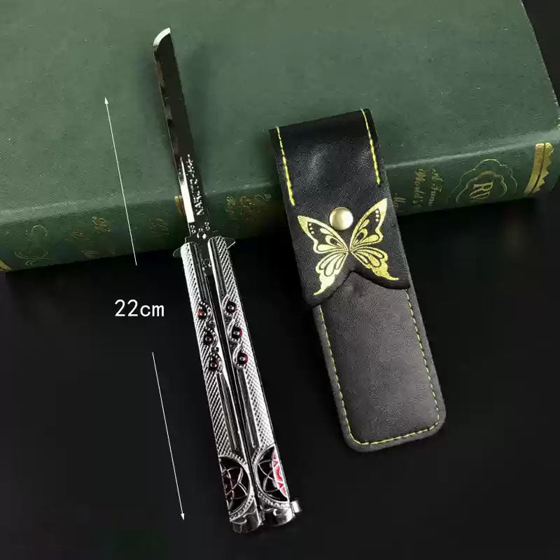 Anime Katana Balisong Trainer, Cosplay Butterfly Knife Trainer, No Blade Dull Safe Practice Sword, Demon Slayer & Naruto Anime Butterfly Knife Model with Leather Sheath, Anime Collection Toy Gift for Fans