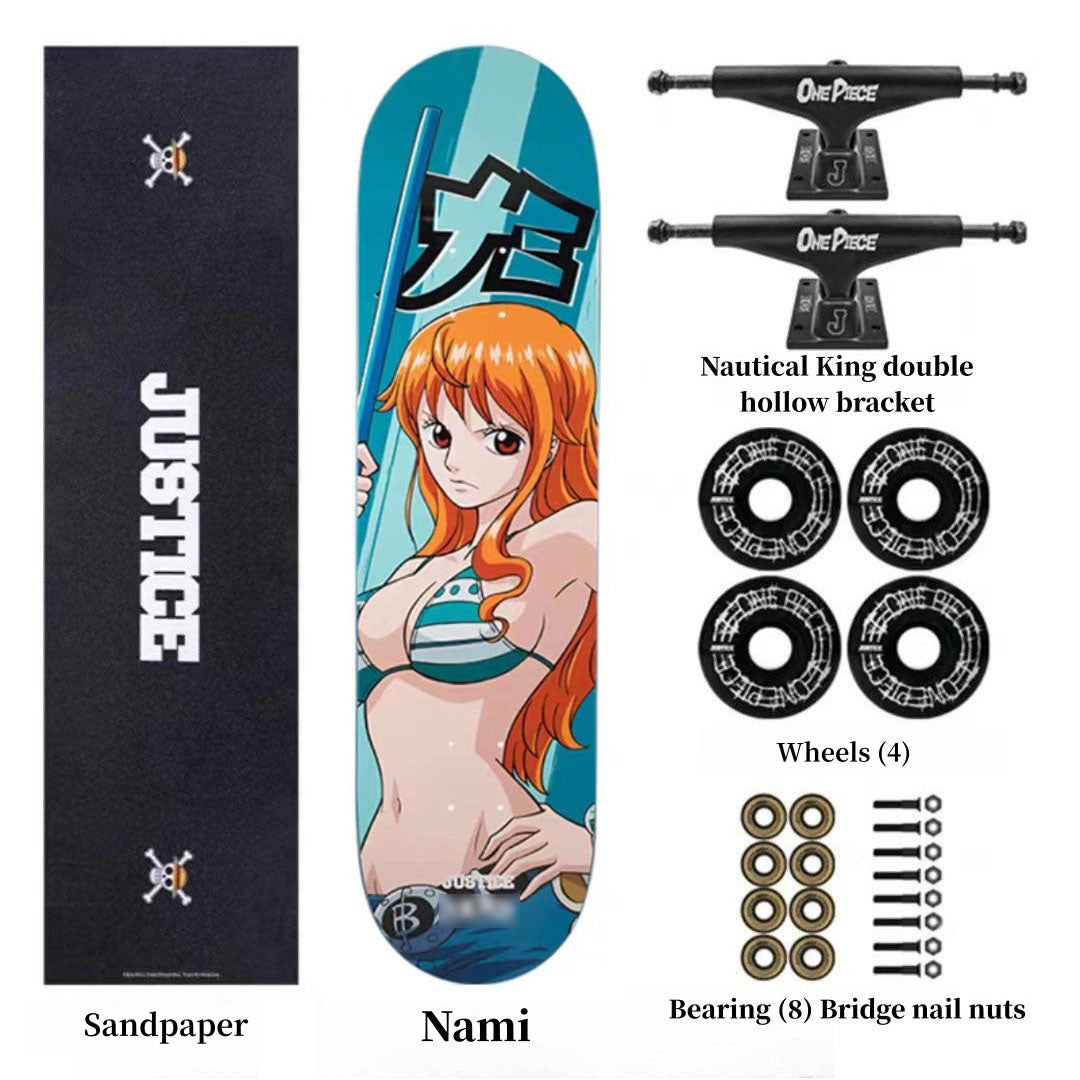 One Piece Anime Complete Skateboard Set, 7 Layer Maple Double Kick Skate Board, Luffy Zoro Sanji Nami Chopper Print Skateboard, Anime Collectible Skateboard for Teens Adults, One Piece Fan Gift