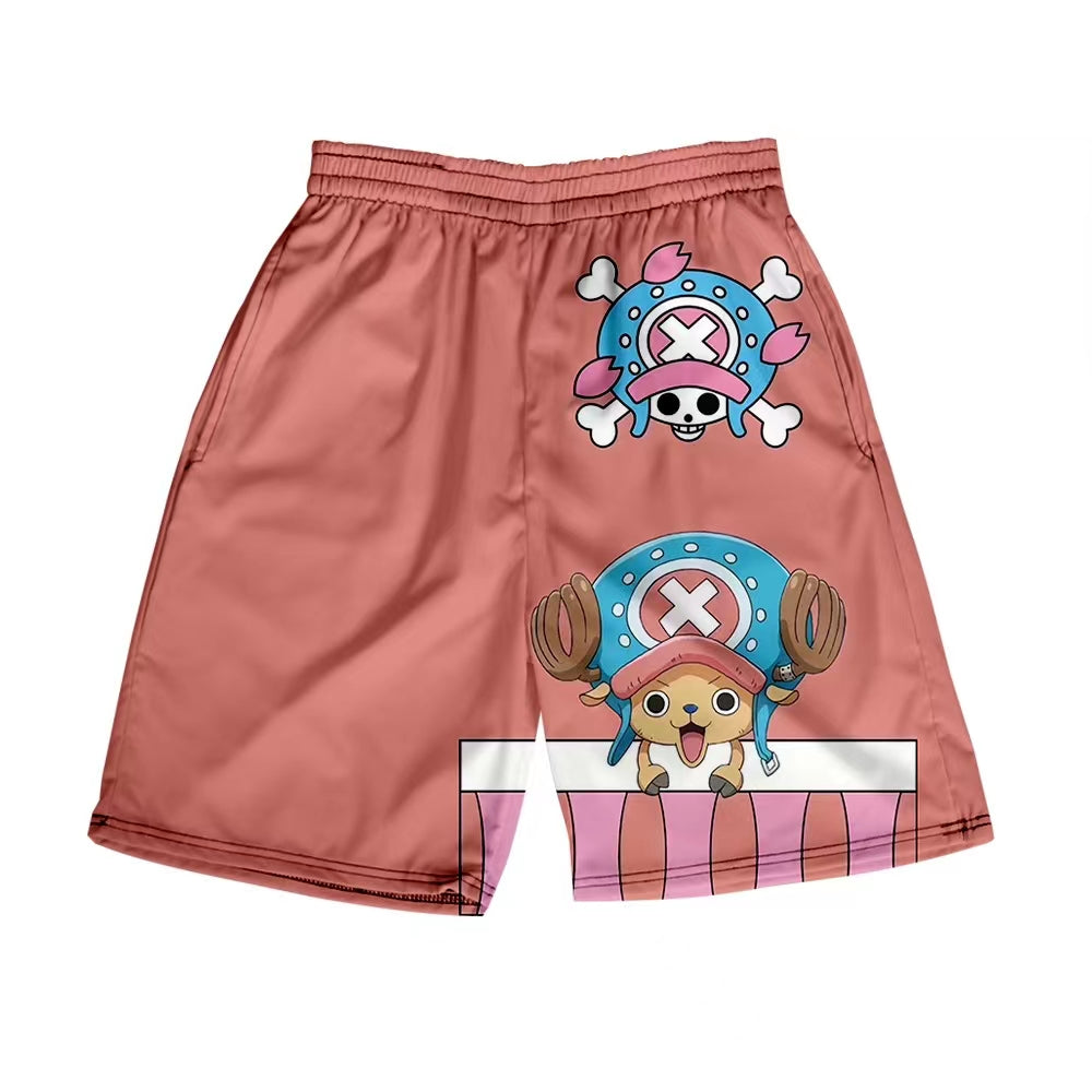 One Piece Anime Shorts, Luffy Zoro Sanji Chopper Printed Casual Beach Shorts, Elastic Waist Loose Short Pants, One Piece Merch Summer Swim Trunks for Men Anime Fans