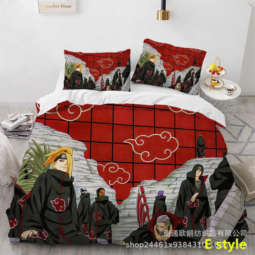 Naruto Anime Bedding Set, 3D Print Duvet Cover with Pillowcases, Akatsuki Red Cloud Comforter Cover Set, Soft Microfiber Bed Sheets, Bedroom Decor Gift for Naruto Fans
