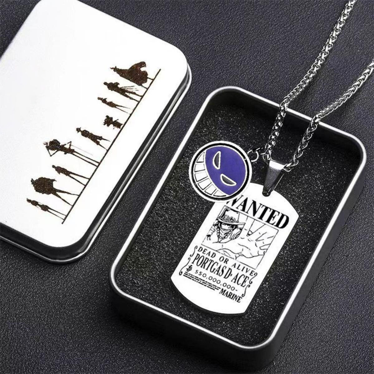 One Piece Portgas D Ace Necklace, Ace Spinning Pendant with Wanted Poster Dog Tag, Anime Whitebeard Pirates Enamel Rotatable Charm Necklace, Cosplay Jewelry Gift for One Piece Fans