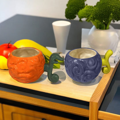 One Piece Devil Fruit Ceramic Mug, Gum-Gum Fruit & Dark-Dark Fruit 3D Sculpted Coffee Cup, Novelty Anime Drinking Cup, Unique Tea Bowl, Desktop Decor Collectible Gift for One Piece Fans
