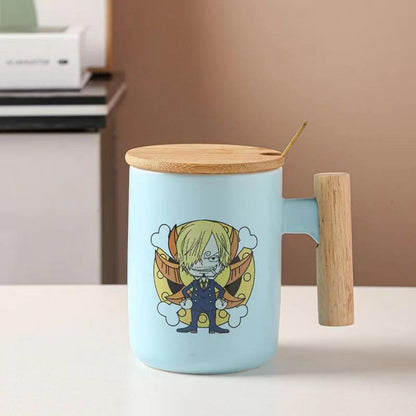 One Piece Anime Ceramic Mug with Wooden Handle, Luffy Chopper Zoro Cartoon Coffee Cup with Bamboo Lid & Spoon, Anime Water Cup Gift Set for One Piece Fans