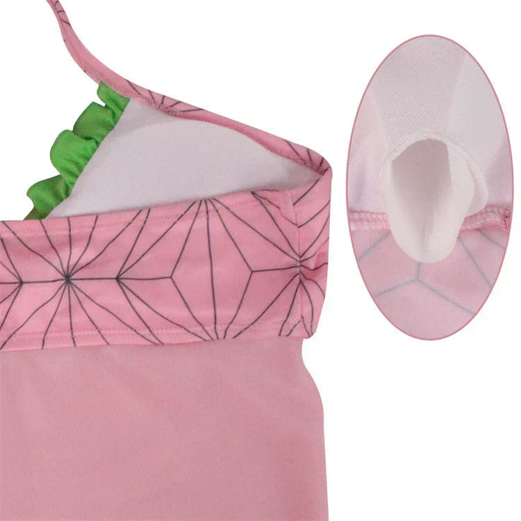 Demon Slayer Nezuko Kamado Two Piece Swimsuit, Anime Cosplay Tankini Bikini Set, Pink Geometric Pattern Halter Swimwear for Women, Anime Beach Bathing Suit