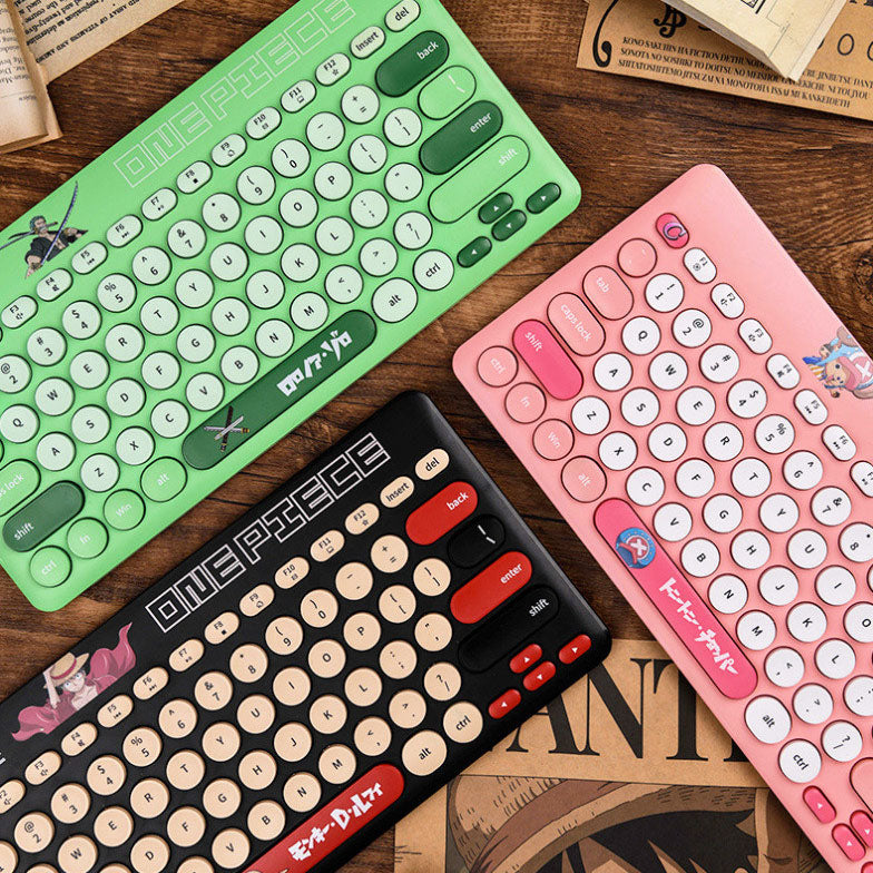 One Piece Wireless Keyboard and Mouse Set, Retro Round Punk Keycaps Anime Keyboard Mouse Combo, 2.4G Portable Cute Wireless Keyboard Mouse Kit for Laptop PC Desktop, One Piece Fans Gift