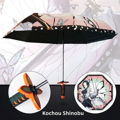 Demon Slayer Anime Katana Sword Umbrella, Nichirin Sword Shape Handle Folding Umbrella, Tanjiro Rengoku Shinobu Giyuu Printed Sun Rain Umbrella, Demon Slayer Merch Cosplay Gift for Anime Fans