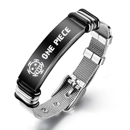 One Piece Monkey D. Luffy Roronoa Zoro Engraved Stainless Steel Mesh Bracelet Adjustable Wristband Anime Wanted Poster Jewelry Gift For Anime Fans