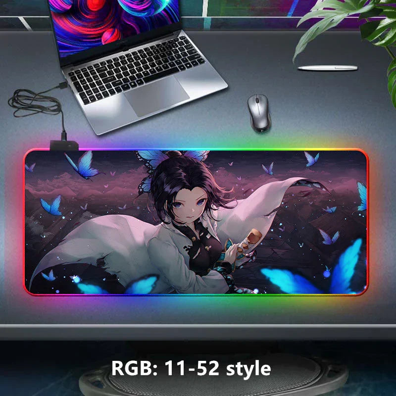 Demon Slayer RGB Gaming Mouse Pad, Large Extended Anime Desk Mat, LED Glowing Non-Slip Rubber Keyboard Pad, Multiple Nezuko Tanjiro Designs, Waterproof Desk Pad for PC Gamers