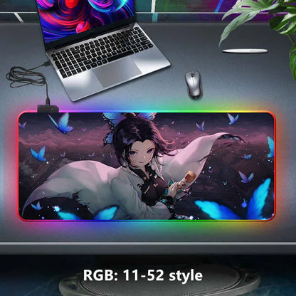 Demon Slayer RGB Gaming Mouse Pad, Large Extended Anime Desk Mat, LED Glowing Non-Slip Rubber Keyboard Pad, Multiple Nezuko Tanjiro Designs, Waterproof Desk Pad for PC Gamers