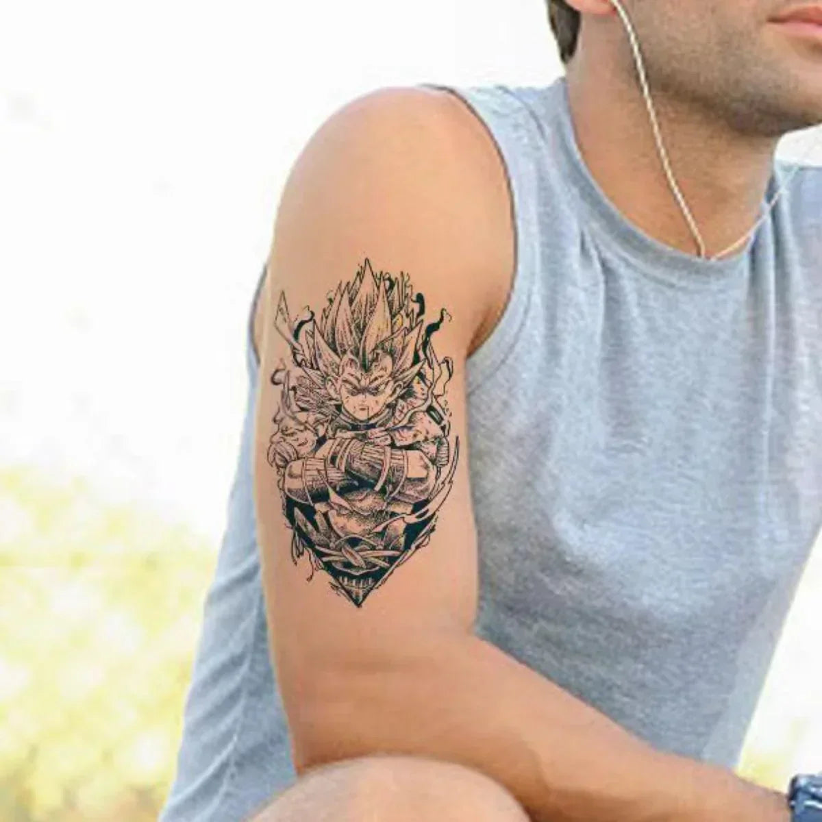 Dragon Ball Z Temporary Tattoo Stickers, DBZ Goku Vegeta Black Sketch Anime Fake Tattoos, Waterproof Long Lasting Body Art Tattoo Decals for Arm Shoulder Cosplay Anime Party Fans