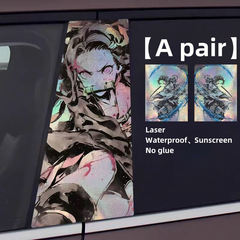 Demon Slayer Anime Car Window Pillar Decals, Laser Holographic Anime Character Car B Column Stickers, Waterproof PET Car Center Pillar Decor Stickers, 1 Pair Anime Car Accessories for Demon Slayer Fans
