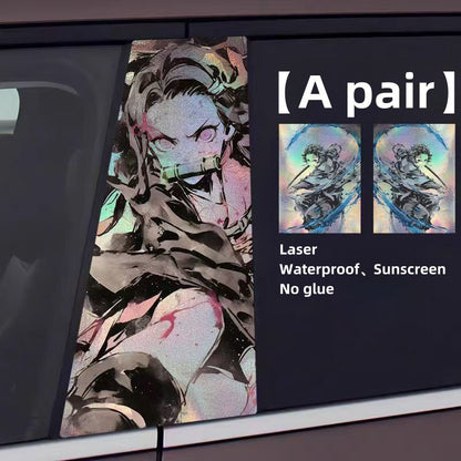 Demon Slayer Anime Car Window Pillar Decals, Laser Holographic Anime Character Car B Column Stickers, Waterproof PET Car Center Pillar Decor Stickers, 1 Pair Anime Car Accessories for Demon Slayer Fans